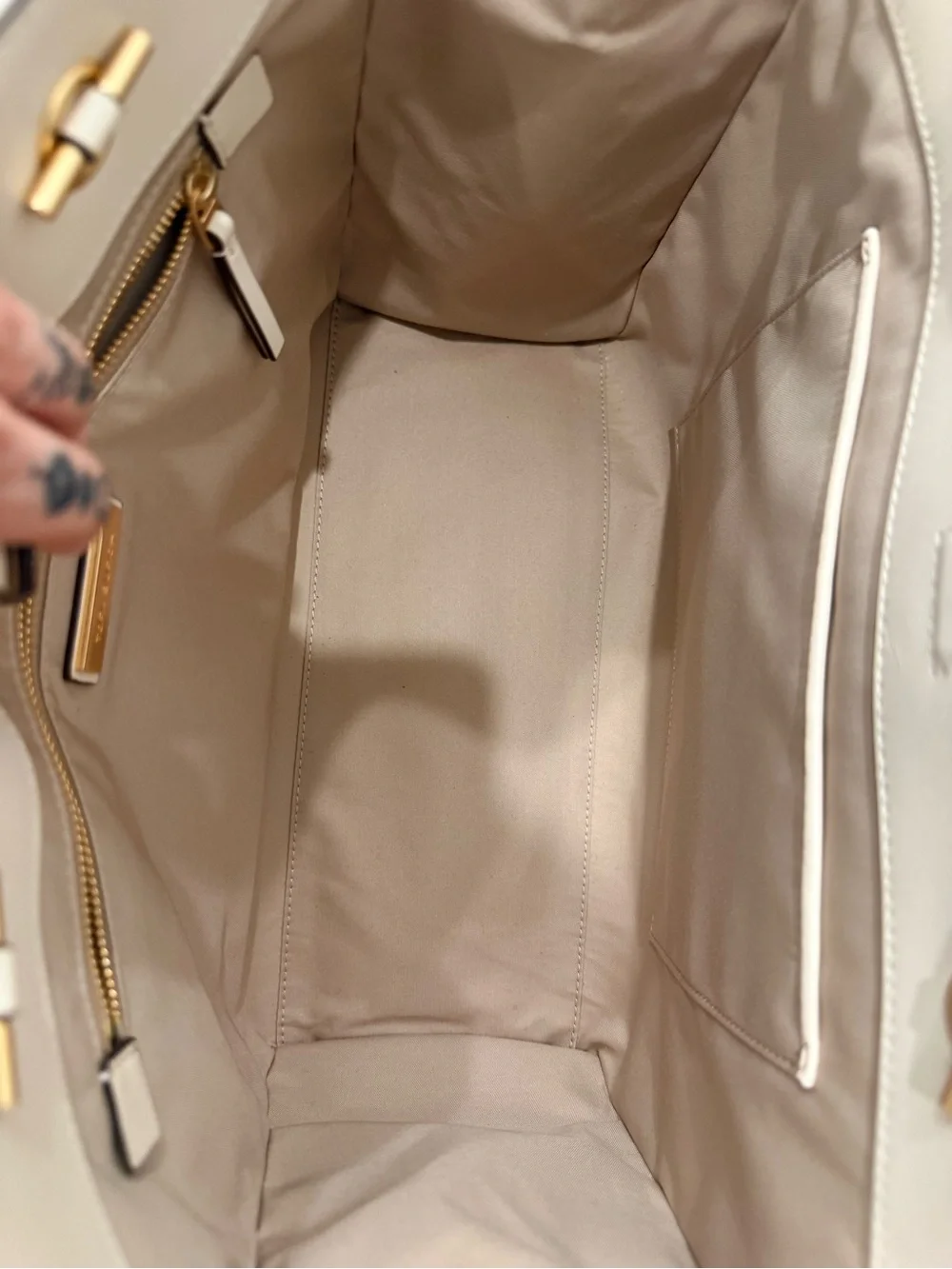 Tory Burch Quilted Logo Tote in Light Beige with Gold Chain Straps